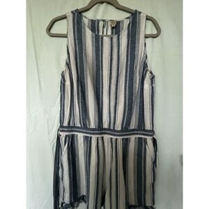 LOFT Beach M Linen Striped Jumpsuit Button Key Hole Ruffles Pockets Summer Pool